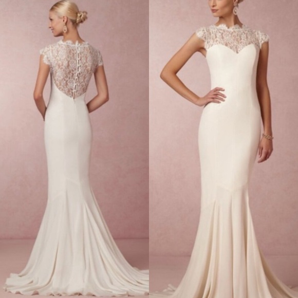 BHLDN Nicole Miller Gown Lauren Lace Back Bridal Wedding Gown Dress Train size 0 - Picture 13 of 16